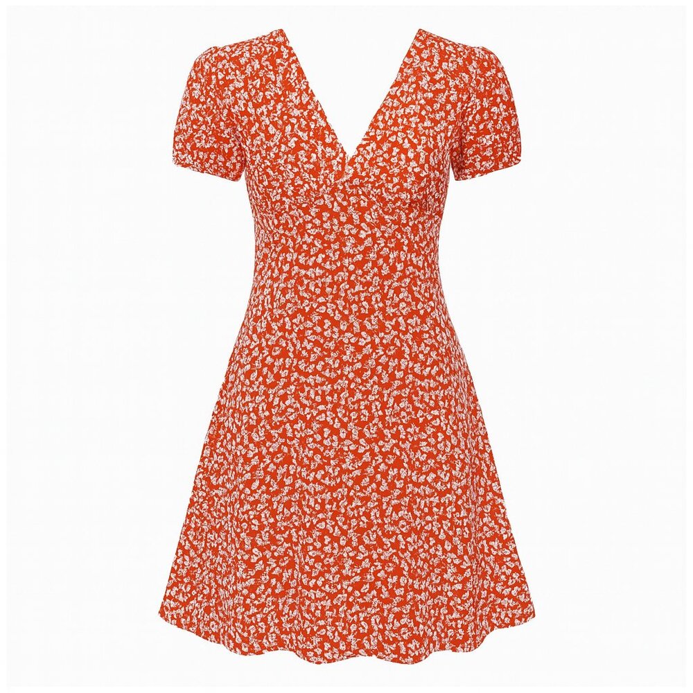 Beachsissi Rust Red Floral V-Neck A-Line Mini Dress Summer Casual M